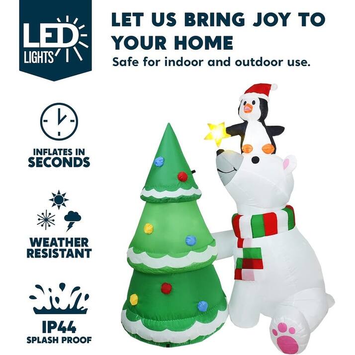 6 ft Christmas Polar Bear Inflatable Decoration, with Penguin & Xmas Tree w/ Built-in LEDs Blow Up Inflatables