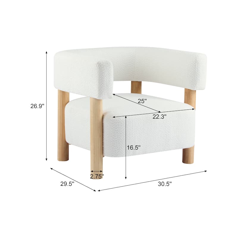 Roomfitters Boucle Upholstered Accent Arm Chair, Modern Lounge Barrel Seat, White+Natural