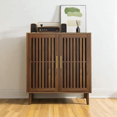Farmhouse Sideboard Buffet Cabinet with Storage, Walnut Coffee Bar Cabinet with Louvered Doors & Adjustable Shelves