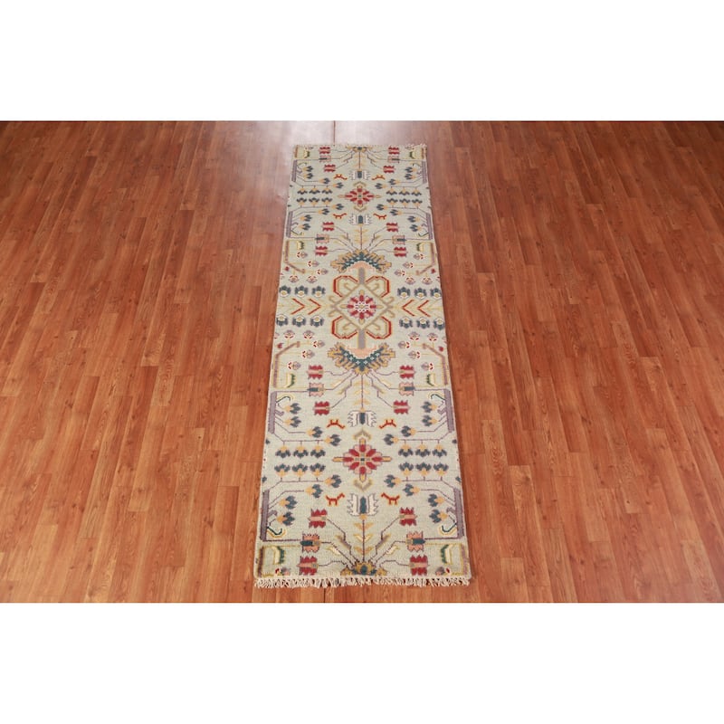 All-Over Muted Green Oushak Runner Rug Hand-Knotted Wool Carpet - 2'6" x 7'10"