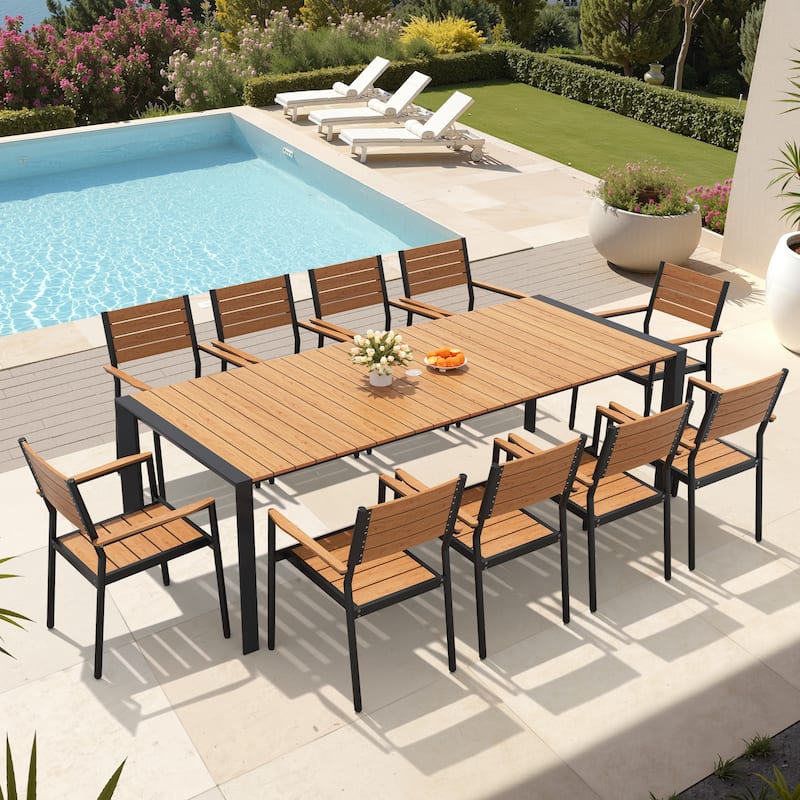 7/9/11-Piece Patio Dining Set Outdoor Aluminum Rectangle Dining Table and Stackable Chairs