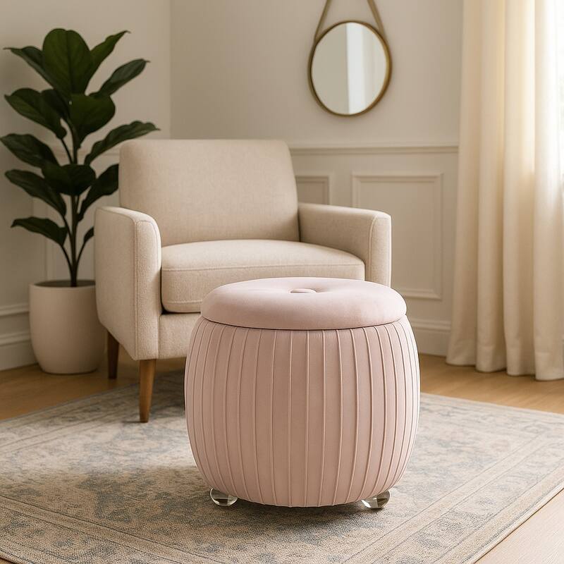 Backless Storage Stool with Velvet Upholstery - Accent for Living Room Home Decor - Pink