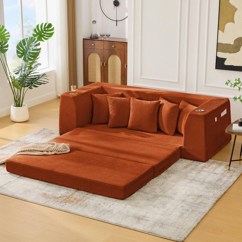 2 in 1 Convertible Sofa Bed, Sleeper Sofa with Storage Pockets, Pull Out Loveseat Couch with Two Cup Holders