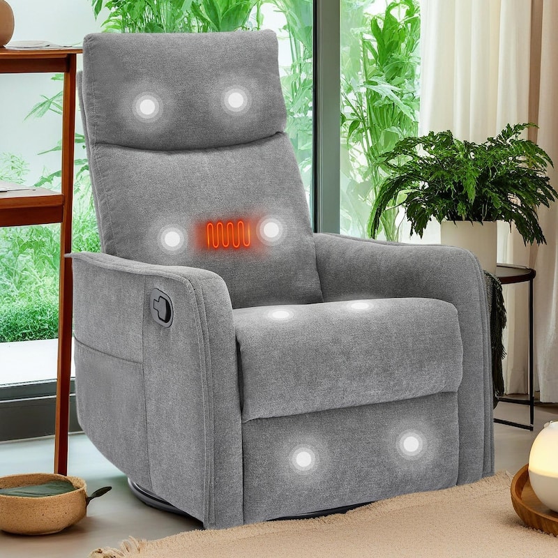 360° Swivel Rocker Recliner Chair with Massage and Lumbar Heating - Grey