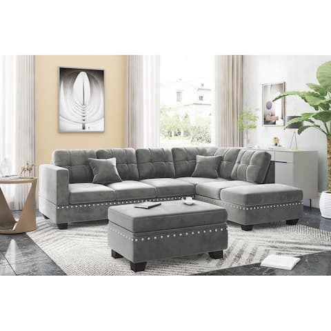 105 inch Reversible Sectional Sofa L shape Couch Space Saving with Storage Ottoman and Cup Holders Design