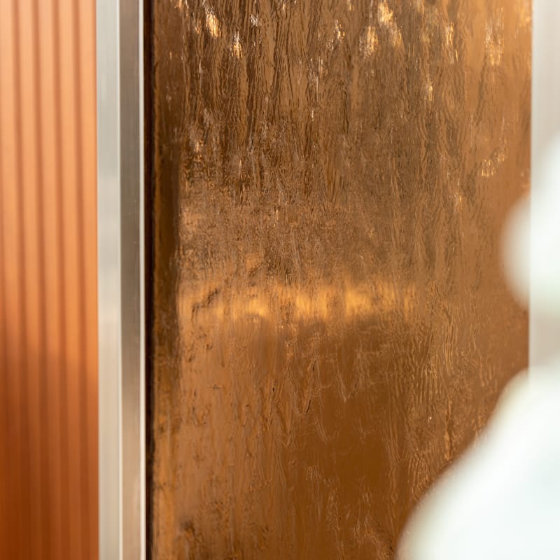 68 in H Freestanding Waterfall Fountain w/ Decorative Rocks LED, Auto-Shut Off Pump Stainless Steel/Bronze Glass, Silver Frame