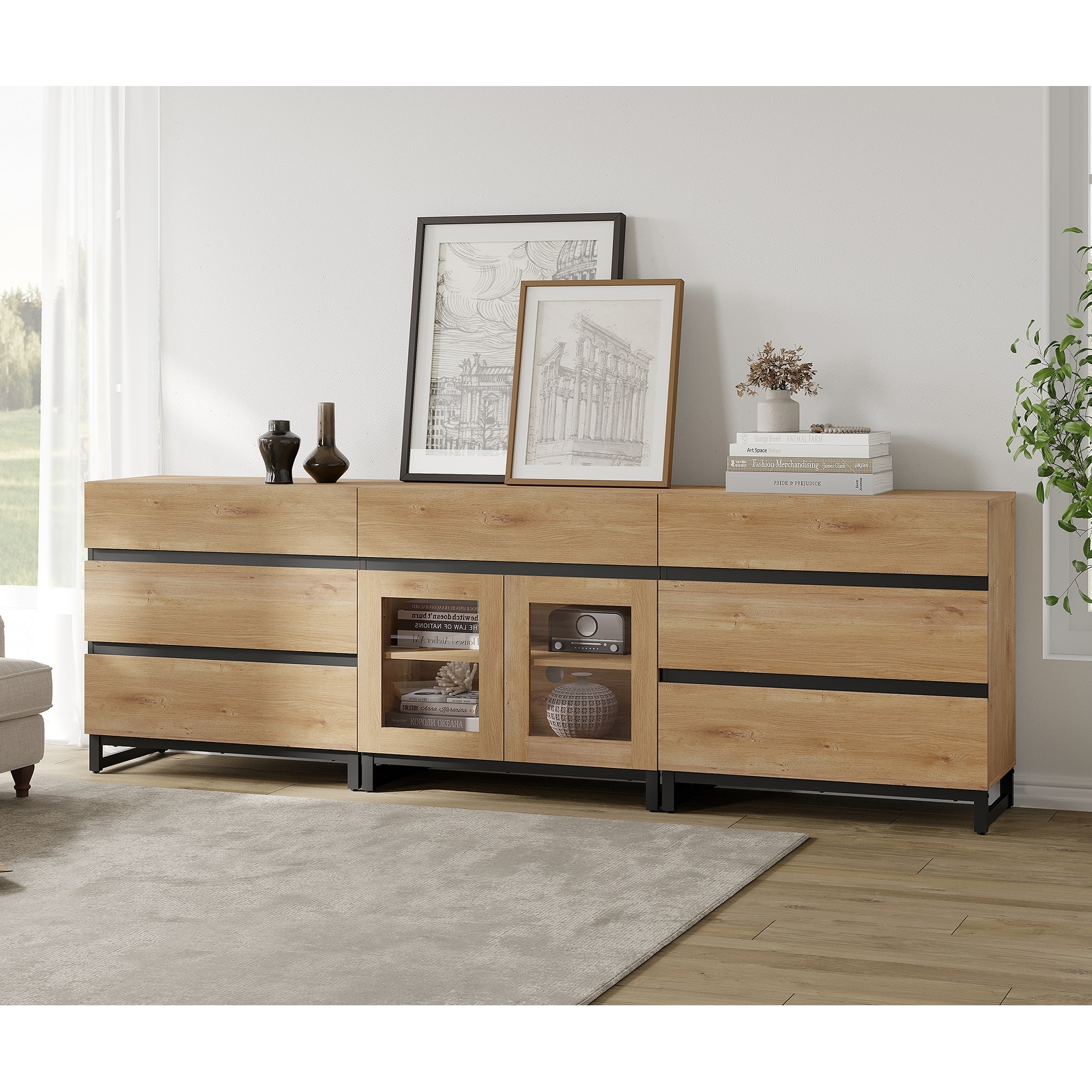 WAMPAT 3 in 1 Dresser with Glass Doors and 7 Drawers, Modern Chest of Drawers with Adjustable Shelf and Metal Base for Bedroom