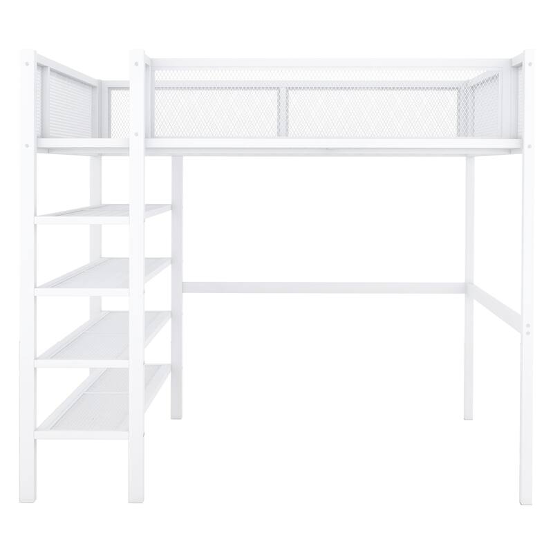 Twin/Full Metal Loft Bed with Built-in Desk, Shelves, and Storage, Modern Design