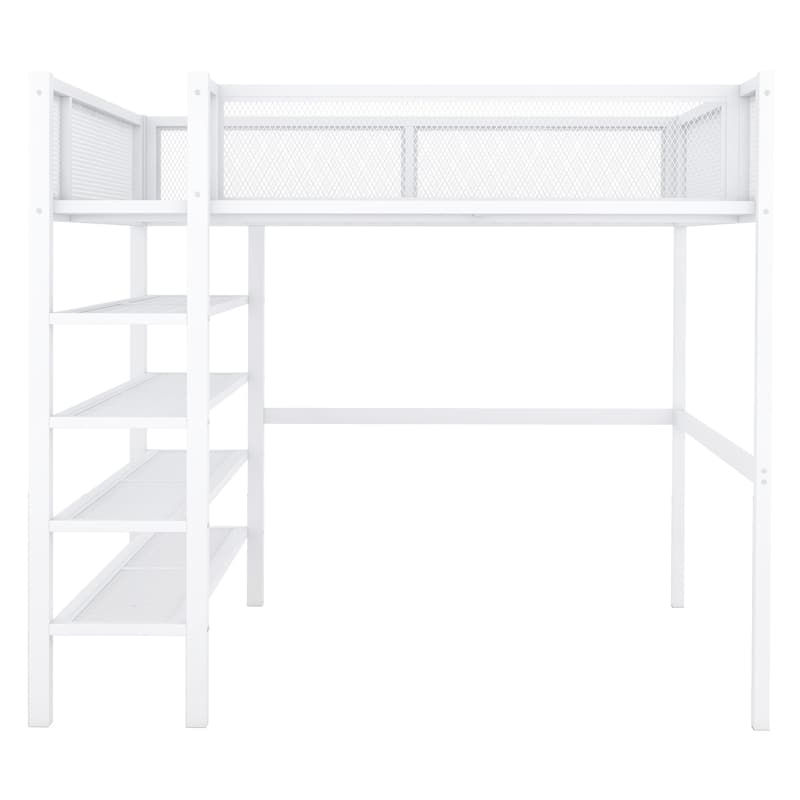White Metal Loft Bed with Shelves, Workstation, Guardrail