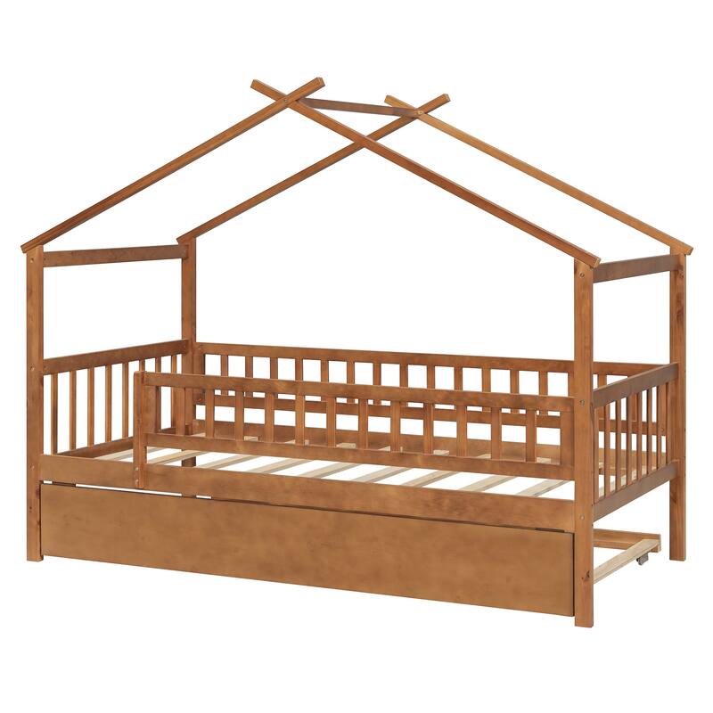 Twin Size Wooden House Bed with Twin Size Trundle