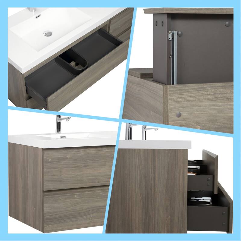 Wall 72" Floating Bathroom Vanity with Sink & and 4 Soft Close Drawers,White/Oak/Grey - 72 inch