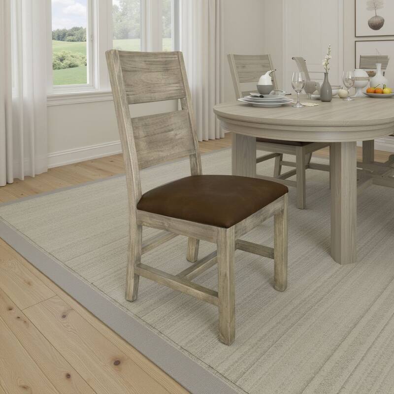 Rima Dining Side Chair Set of 2, Solid Wood Frame, Brown Fabric Seat