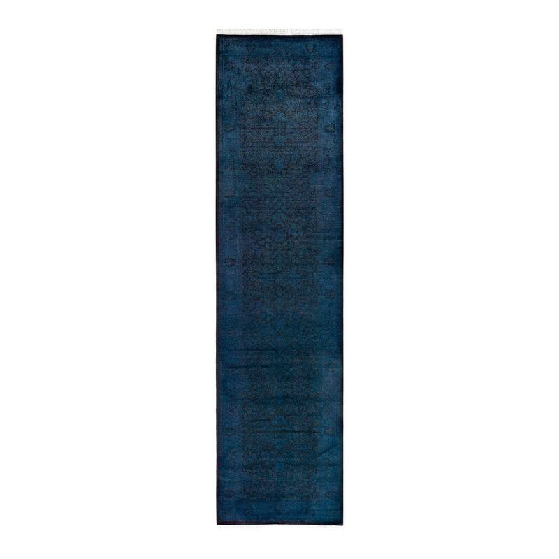 Overton Hand Knotted Wool Vintage Inspired Modern Contemporary Overdyed Blue Runner Rug - 2' 8" x 10' 8"
