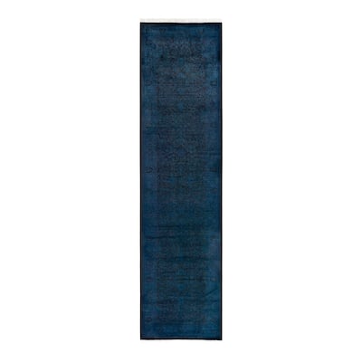 Overton Hand Knotted Wool Vintage Inspired Modern Contemporary Overdyed Blue Runner Rug - 2' 8" x 10' 8"
