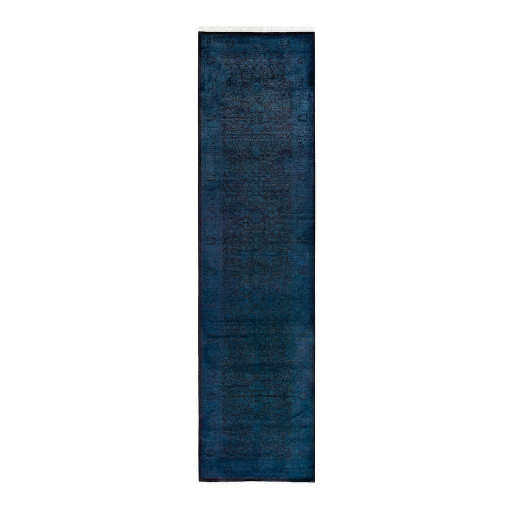 Overton Hand Knotted Wool Vintage Inspired Modern Contemporary Overdyed Blue Runner Rug - 2' 8" x 10' 8"