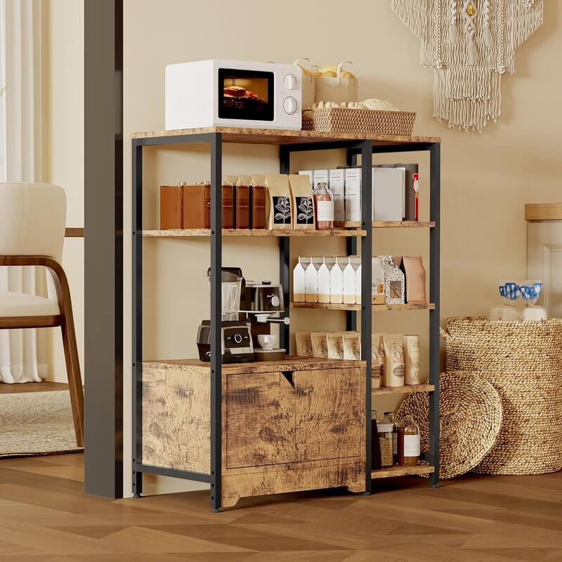 Bakers Rack with Storage Cabinet, 5 - Tier Coffee Bar with Shelves - Brown