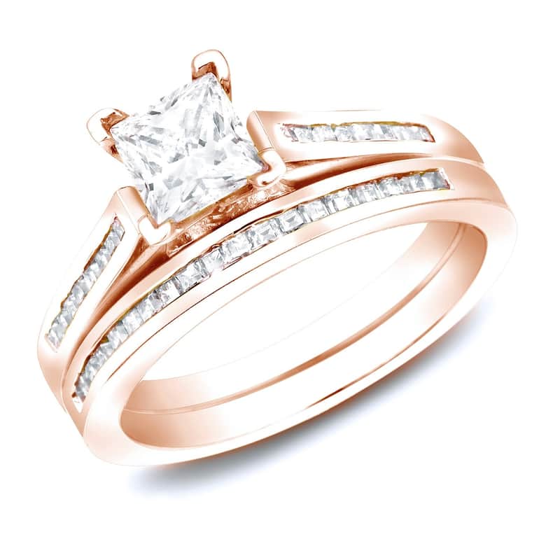 Auriya 14k Rose Gold 1 1/2ctw Modern Princess-cut Diamond Engagement Ring Set Certified - 4
