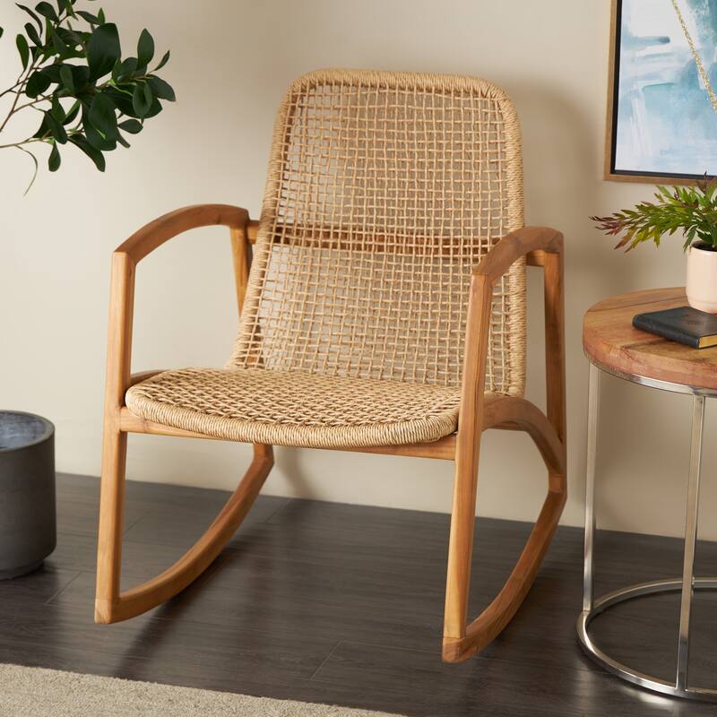 Plastic Rattan Handmade Woven Rectangular Accent Chair with Teak Frame - Light Brown - Roche River Decor - 24"W x 24"L x 34"H