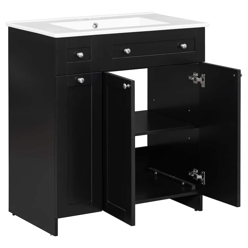 GDFStudio - Elara 30" Vanity MDF Bathroom Cabinet with Ceramic Sink 2 Doors 1 Double Drawer