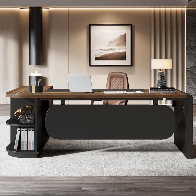 80'' L-Shaped Desk, Large Executive Office Desk with 55'' Drawers Cabinet