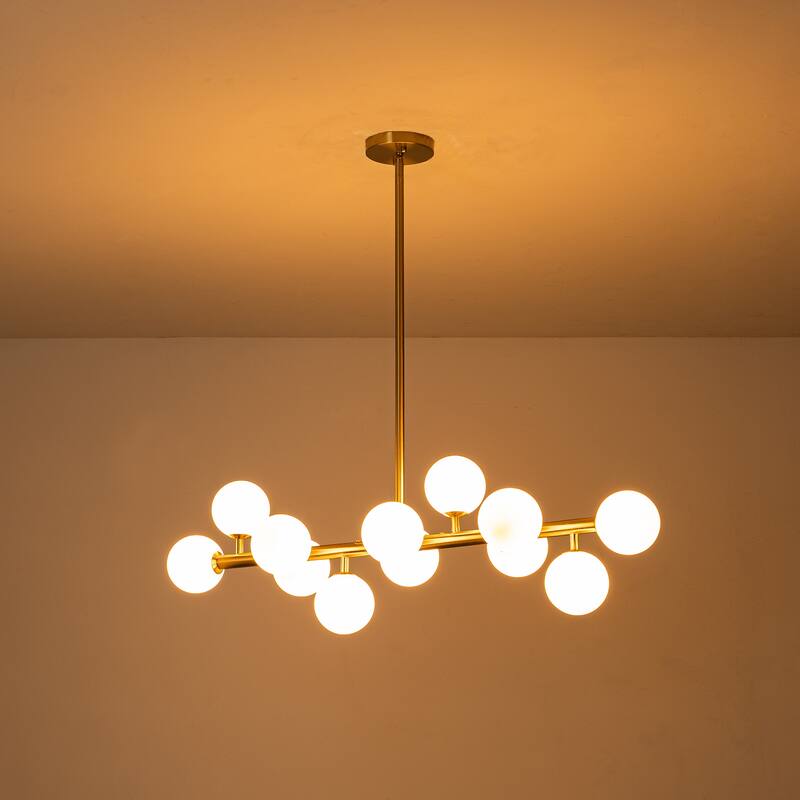 C Cattleya 12-Light Brass Linear Chandelier with Opal Glass Globes