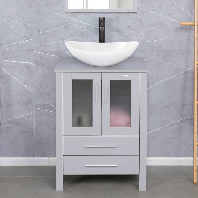 Eclife 24" Bathroom Vanity Gray Set Glass/ Ceramic Vessel Sink Cabinet Faucet Drain Combo Free Standing - white ceramic boat sink