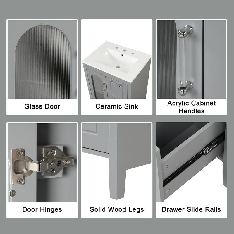 Freestanding Vanity for Bathroom with Ceramic Sink, Glass Cabinet Door, Drawers, Acrylic Bar Handles and Adjustable Shelf