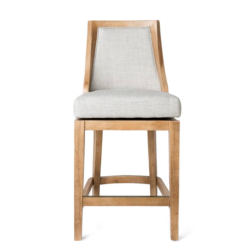 HomeRoots 26" Beige and Natural Fabric and Solid Wood Counter Height Swivel Bar Chair