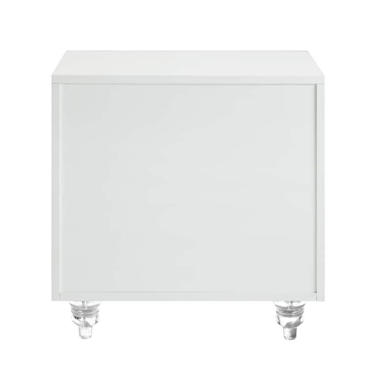 White Wood End Table with 3 Drawers and Clear Mirrored Legs - 18” x 18” x 24” (D x W x H)