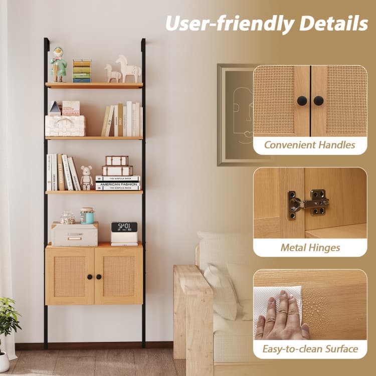 Natural Engineered Wood Ladder Bookshelf with Metal Frame and Rattan Doors - 23.5" x 12.5" x 72.5"
