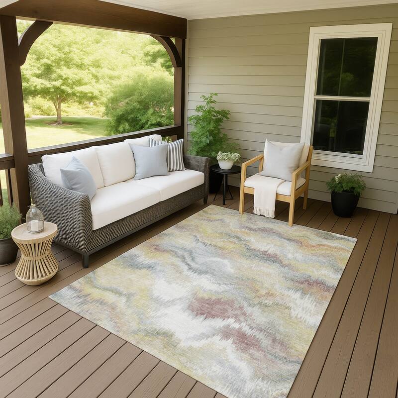 Machine Washable Indoor/ Outdoor Abstract Watercolor Chantille Rug - Beige - 3' x 5'