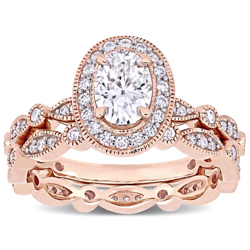 Miadora 1 1/2ct DEW Oval-cut Moissanite Halo Vintage Bridal Ring Set in 10k Rose Gold
