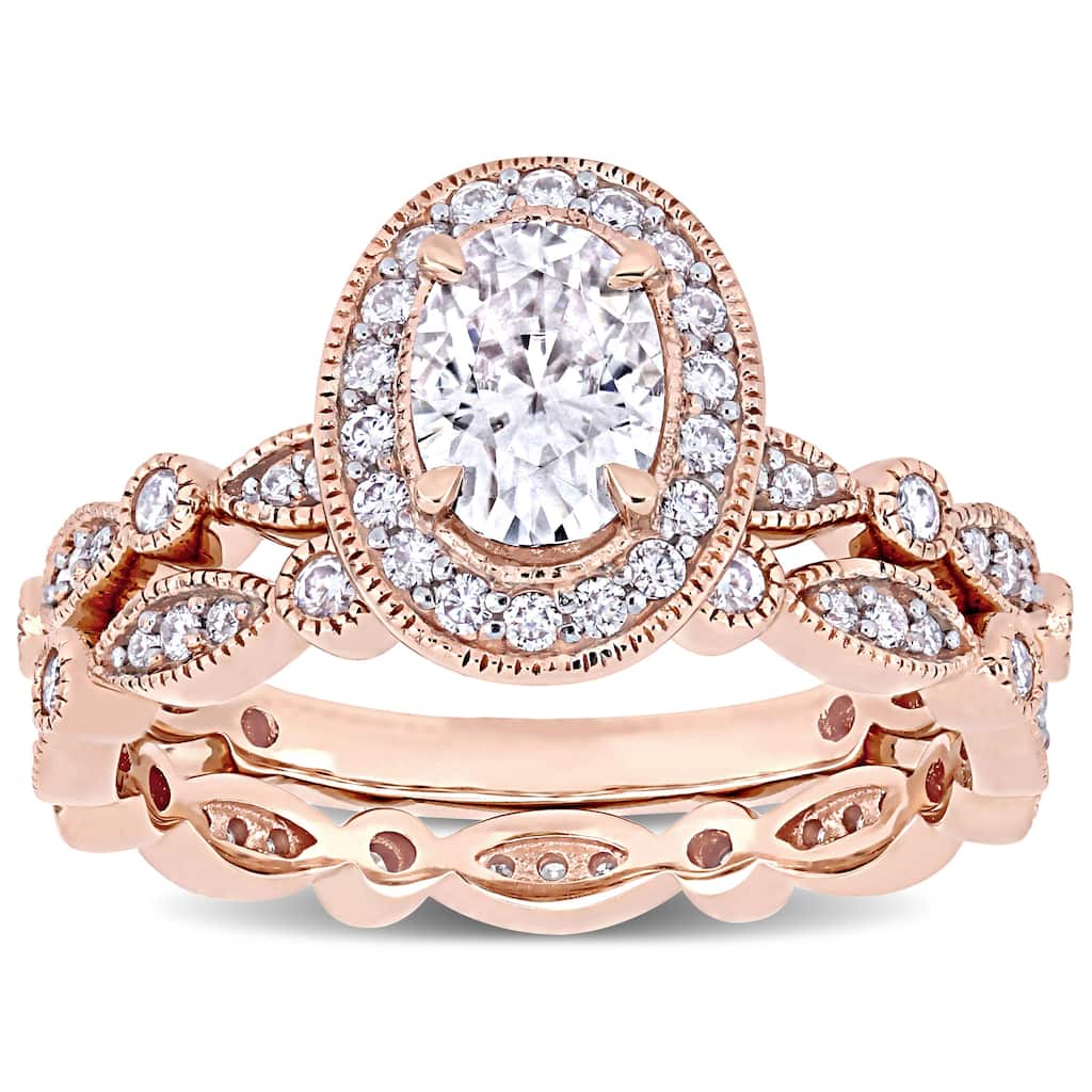 Miadora 1 1/2ct DEW Oval-cut Moissanite Halo Vintage Bridal Ring Set in 10k Rose Gold