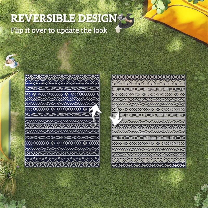 Reversible Outdoor Rug Blue White Geometric UV Protected Foldable Camping RV Patio Picnic Mat - 120.1" L x 95.7" W