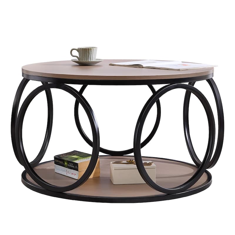 2-Tier Round Industrial Coffee Table with Metal Frame - 31.5"Dia x 18.7"H