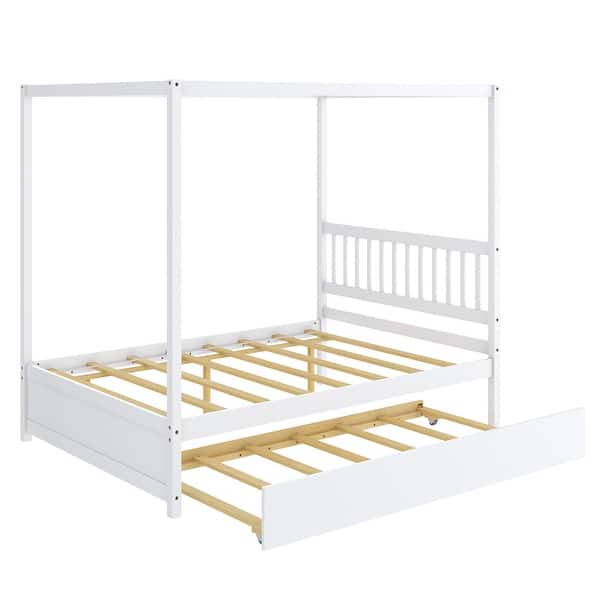 slide 2 of 9, Gymax Full Size Canopy Bed with Trundle Wooden Platform Bed Frame