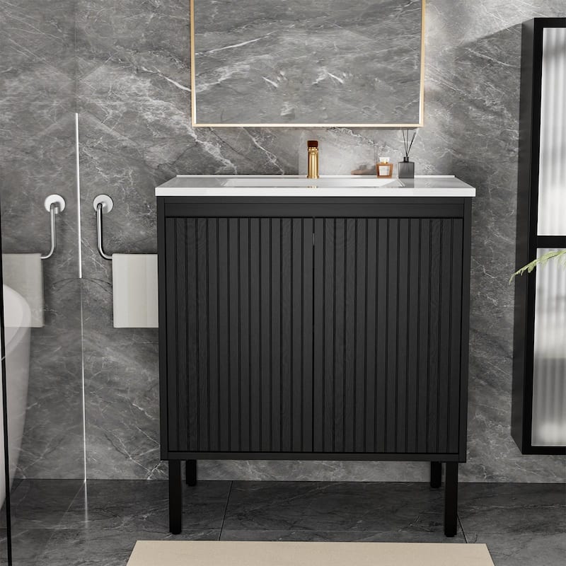 GDFStudio - Niall Modern Mid-Century Freestanding Bathroom Vanity with Soft Close Doors & Large Storage Spaces, WITHOUT Sink - 30" - Matt Black
