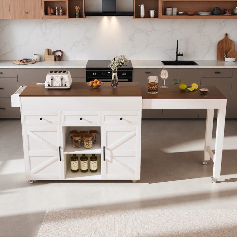 Kitchen Island with Extendable Dining Table, Kitchen Storage Cart on Wheels with 2 Drawers, Rolling Extendable Island Cart