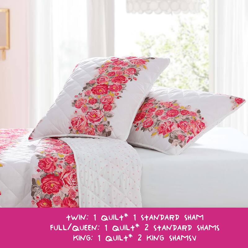 Betsey Johnson Banded Floral Pink Reversible Quilt Set