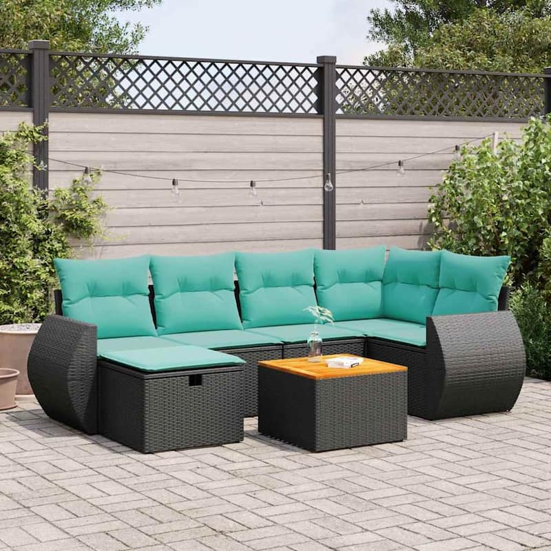 vidaXL Patio Sofa Set with Cushions Outdoor Furniture 7 Piece Poly Rattan - Black with storage - 21.7" x 24.4" x 27.2"