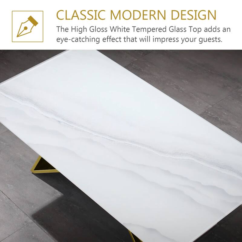 Luxurious 50 inch Rectangle White Glass Coffee Table with Mirrored M-Shaped Base