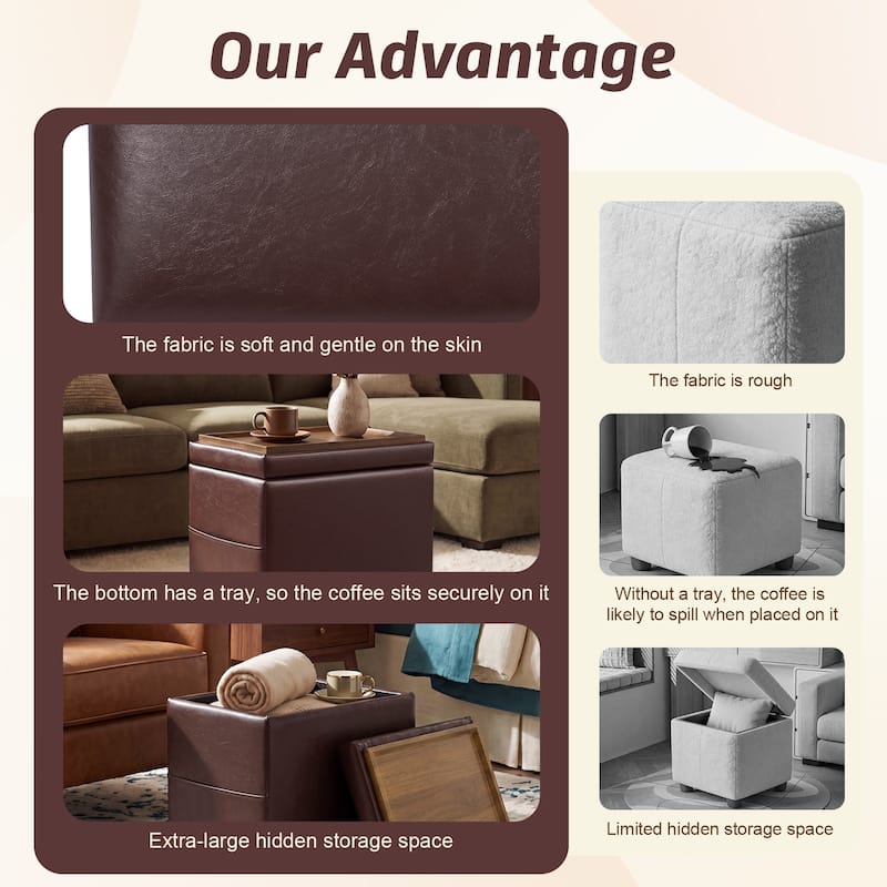 Adeco 16" W Upholstered Rectangle Storage Ottoman with Tray and Pocket