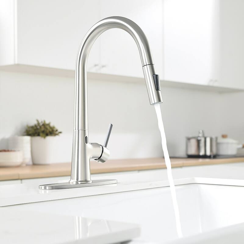 Brushed Nickel Touchless Pull-Out Single-Handle Kitchen Faucet with Deck Plate