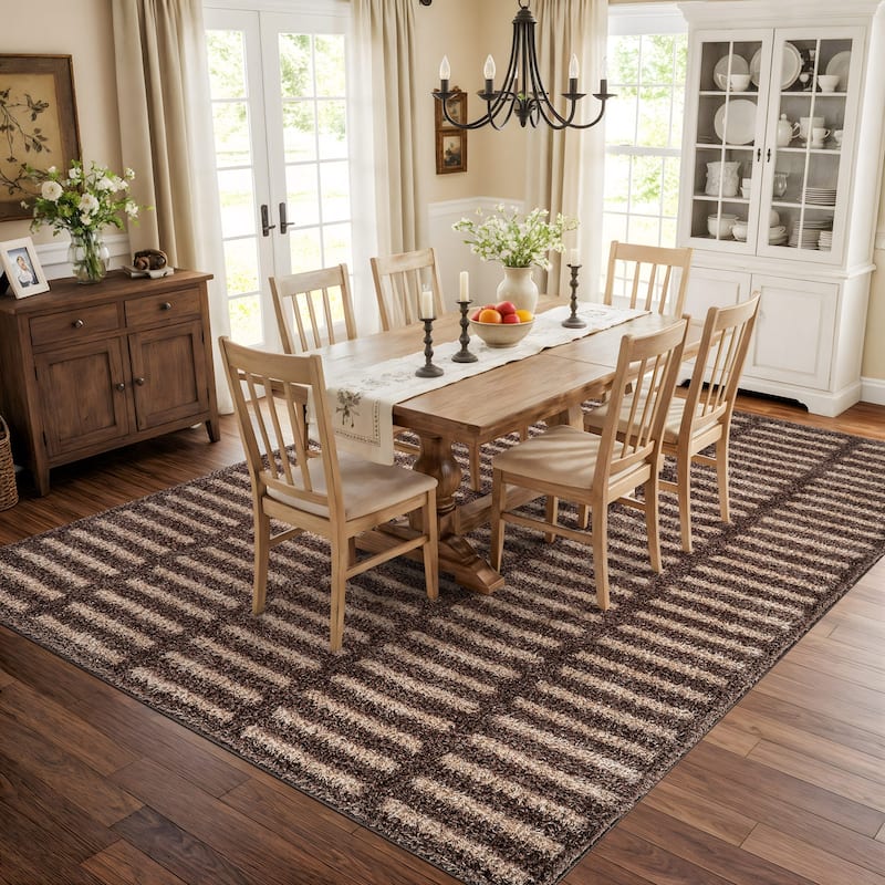 Bohemian Stripe Lines Shag Rug - Textured Surface - Anthracite Dark Gray - Easy to Clean