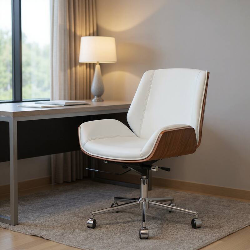 White Silver and Walnut Adjustable Height Swivel Rolling Conference Office Chair - White