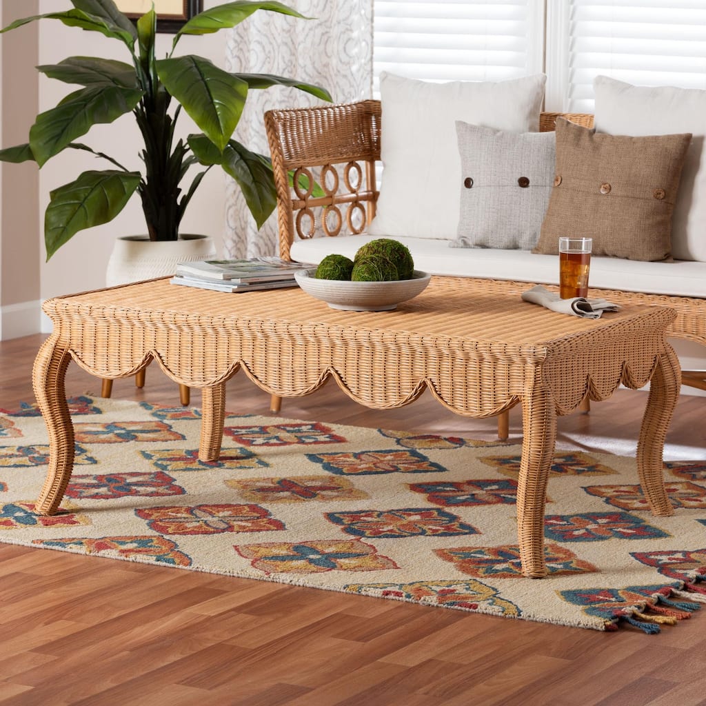 Deborah Natural Rattan Coffee Table - Handwoven Wicker Accent Table with Cabriole Legs, Scalloped Coastal Cottage Centerpiece