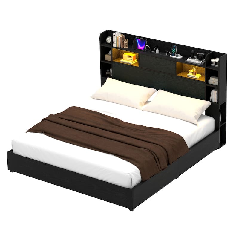 Moasis LED Bed Frame with Bookcase Headboard, 4 Storage Drawers and Type-C USB Charging Station