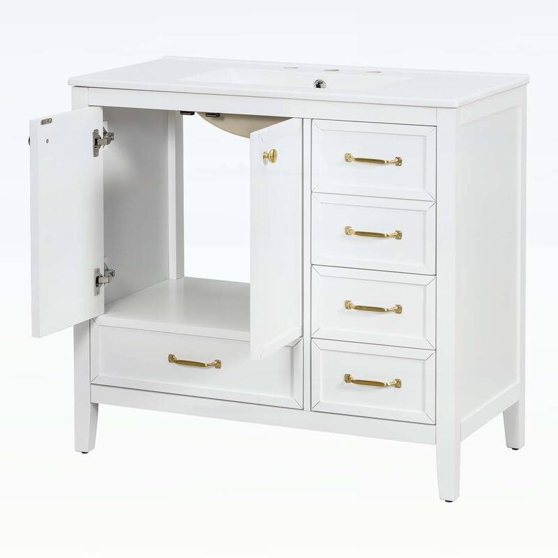 36-Inch Bathroom Vanity with Soft-Closing Drawers,Ceramic Sink,and Wood Frame