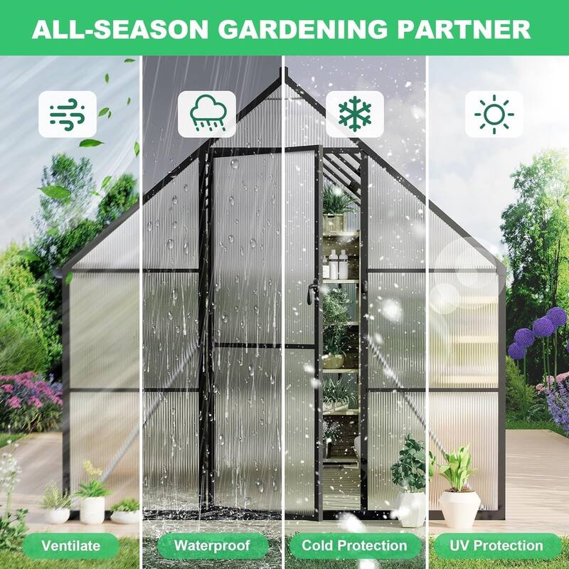 6x11FT Aluminum-Framed Polycarbonate Greenhouse Kit, Black - 6*11FT