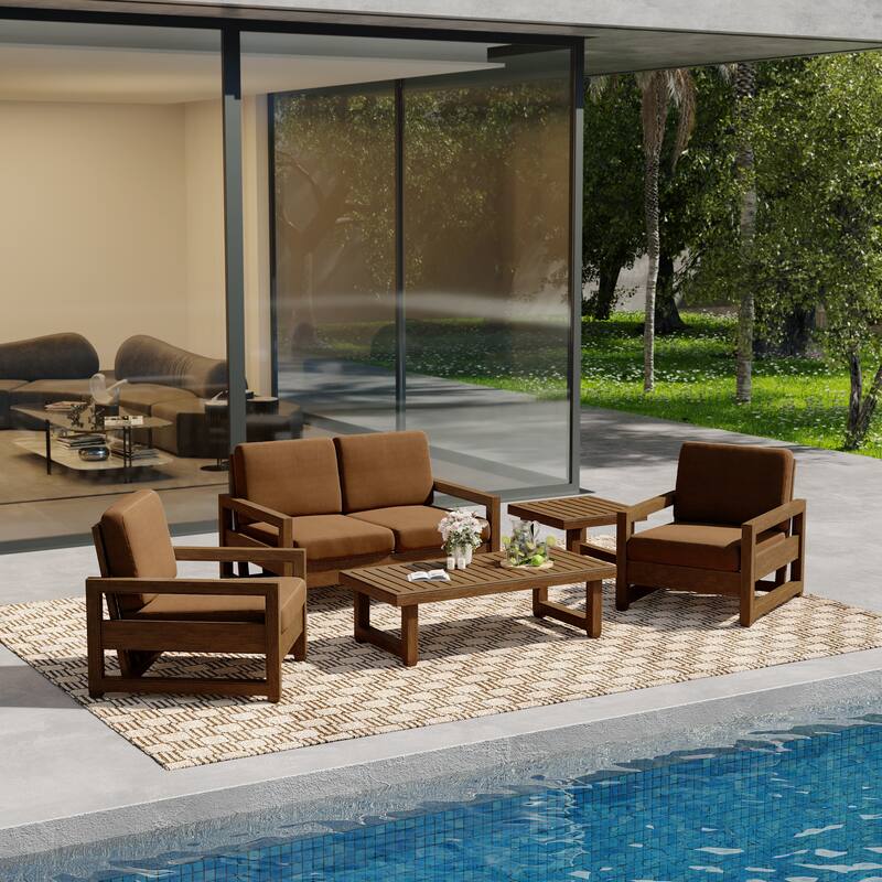 5-Piece Teak Wood Outdoor Patio Conversation Set with Cushion